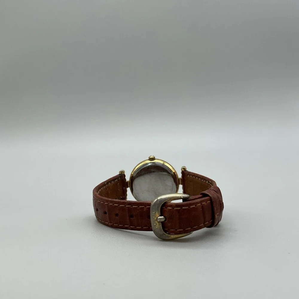 Vintage Fossil PC-9211 Womens Watch 27mm MOP Rivoli Brown Leather New Battery